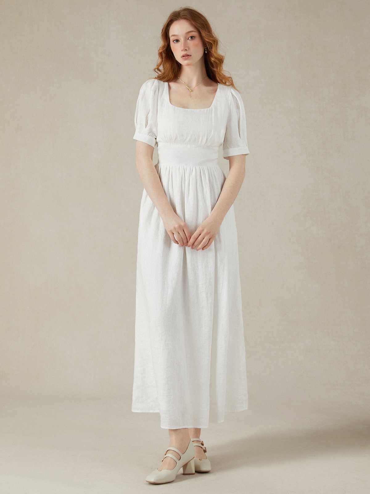 Linen Maxi Dress, Puff Sleeve, Short Sleeve, Square Neck, Vintage Dress, Linen, White