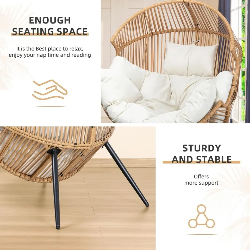 Wicker Egg Chair PE Rattan Chair with Cushion,Oversized Patio Lounge Chair for Outdoor, Indoor, Balcony, Backyard, Garden, Beige