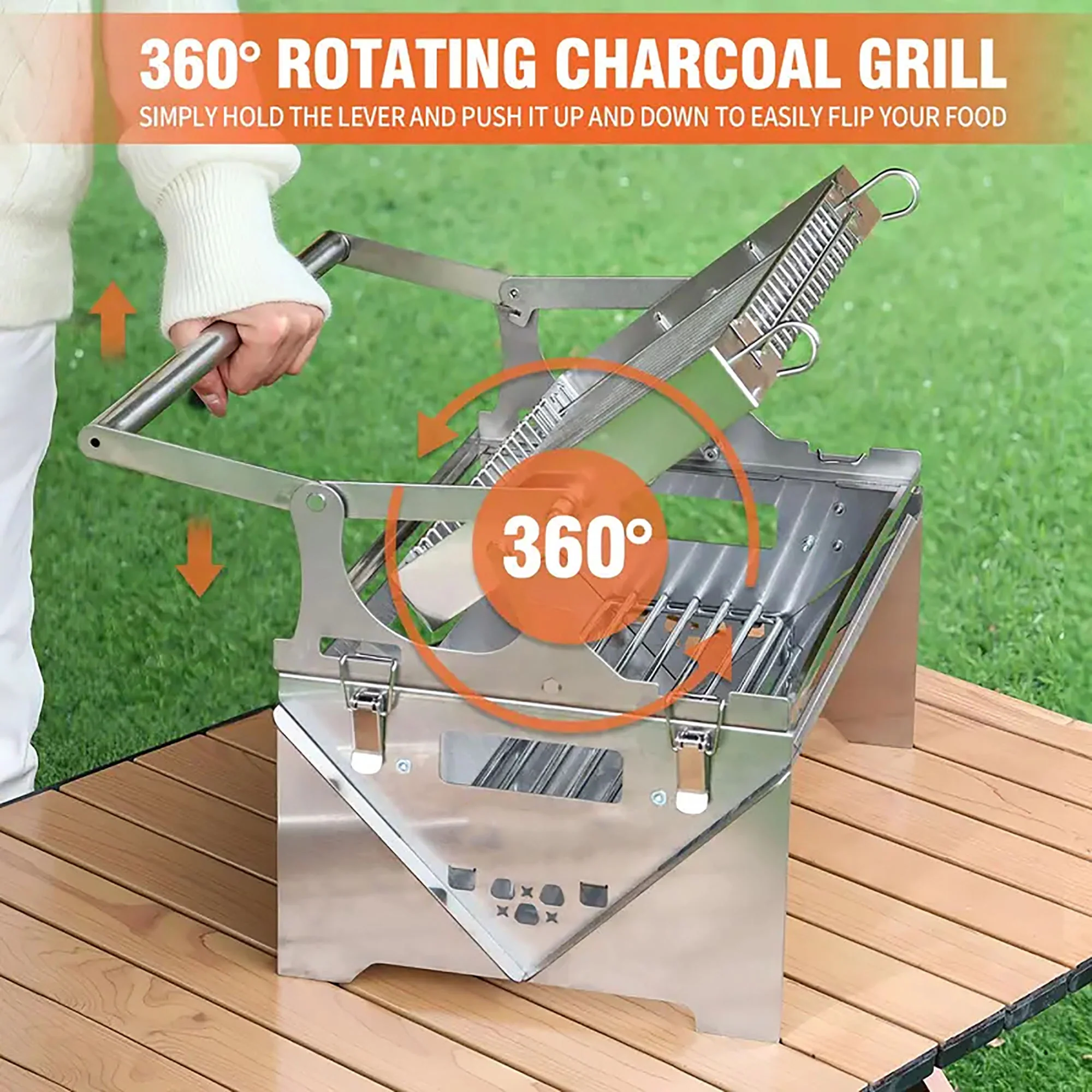 360° Rotating Barbecue Grill, Stainless SteelFlipping Barbecue Grills, Portable CampingCharcoal BBQ Grill Outdoor, Detachable PortableCharcoal Barbecue Grill for Picnic Yard Part