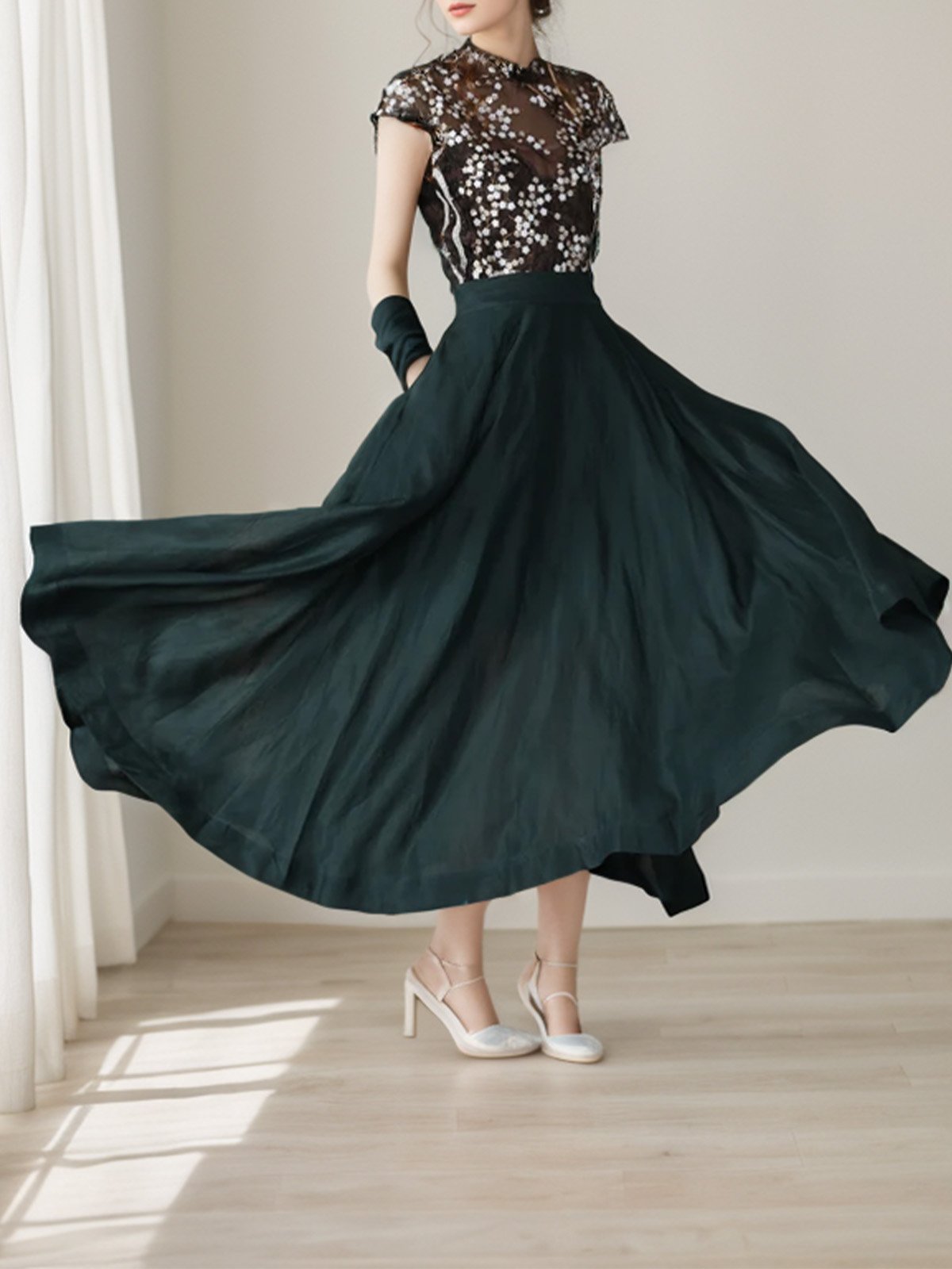 Maxi Linen Skirt, Linen, Green