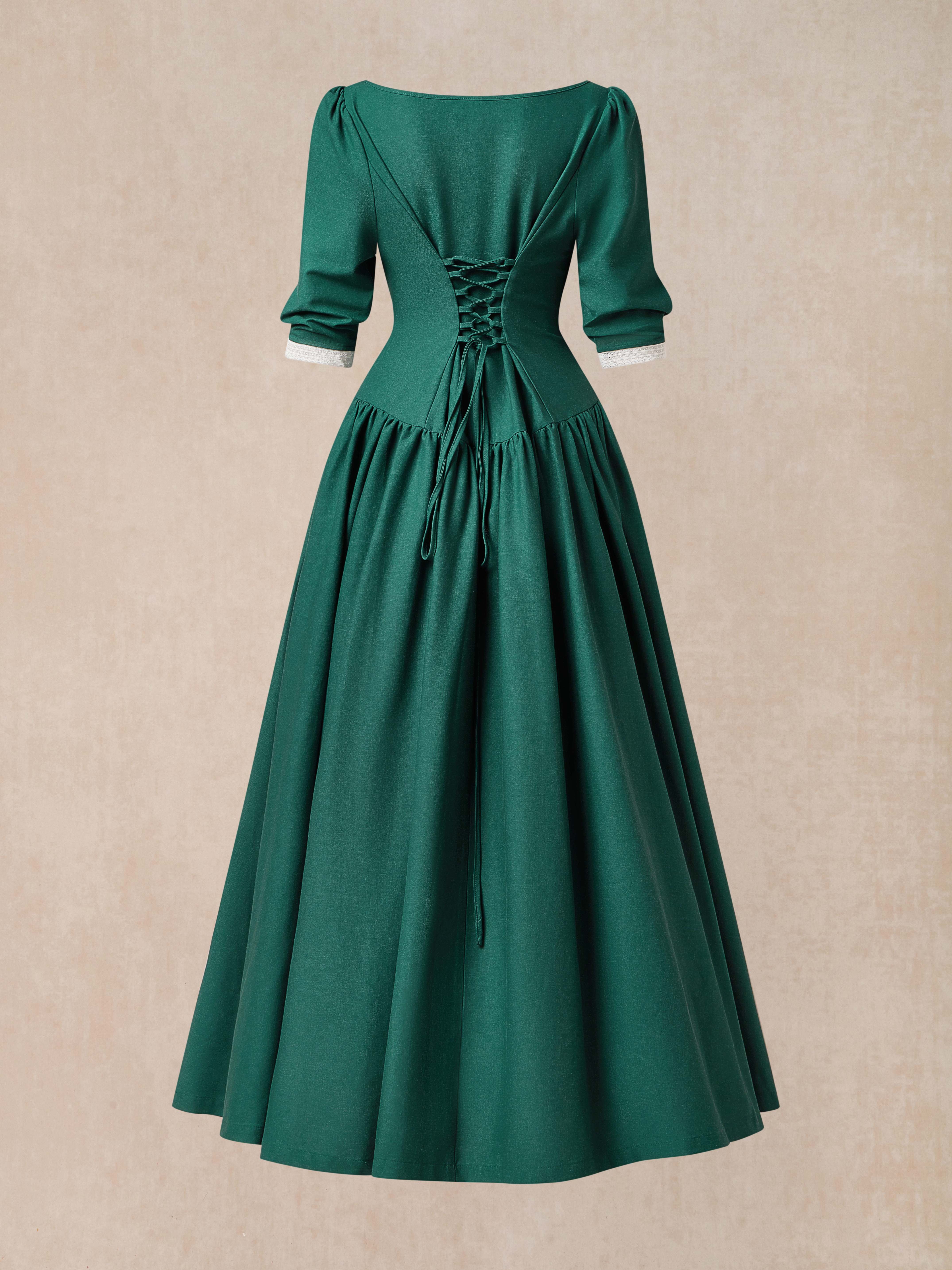 Maxi Linen Dress, 3/4 Sleeves, Square Neck, Button Down, Linen Blend, Green