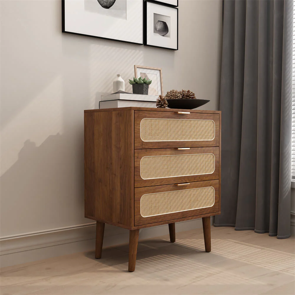 Rattan Nightstand Dresser Table with 3 Drawers