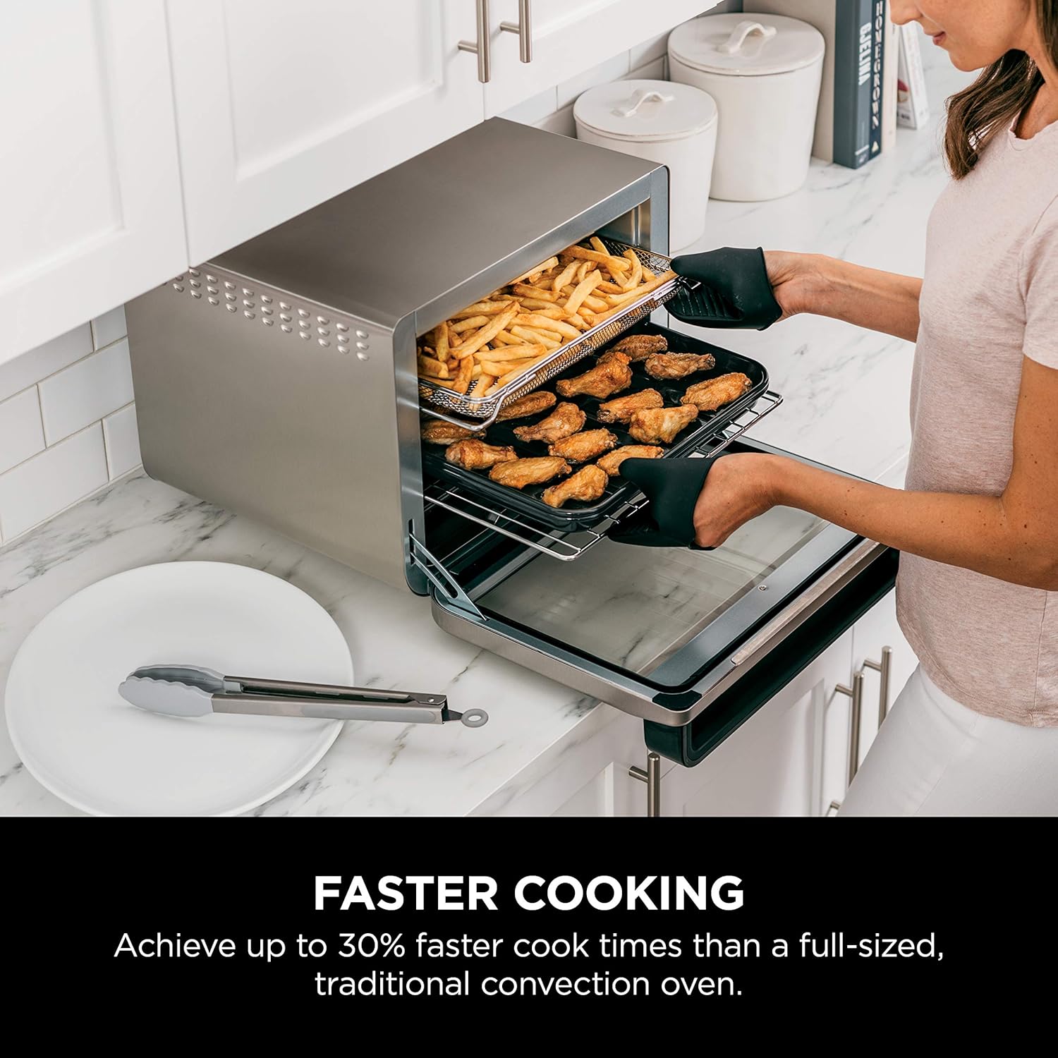 10-in-1 Smart XL Air Fry Oven, Bake, Broil, Toast, Roast, Digital Toaster, Thermometer, True Surround Convection up to 450°F, includes 6 trays & Recipe Guide