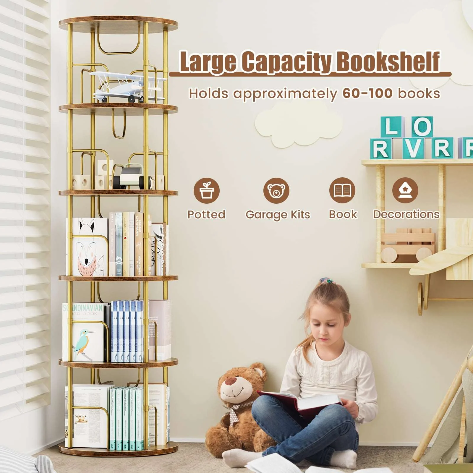 3-5 Tier Rotating Bookshelf With 360° Spinning Display
