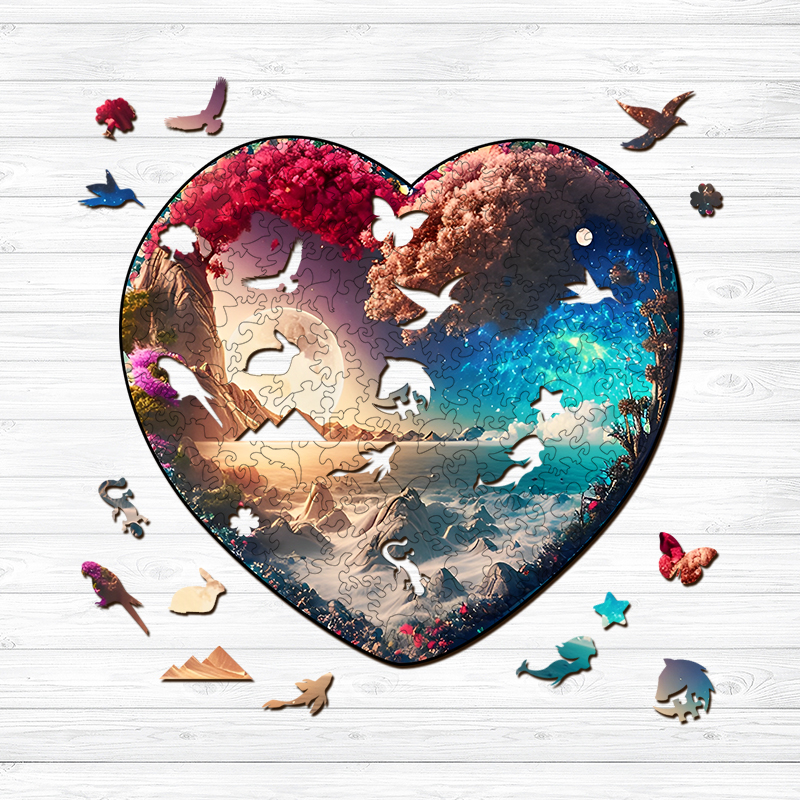 Flowered Heart moon and stars Wooden Jigsaw Puzzle