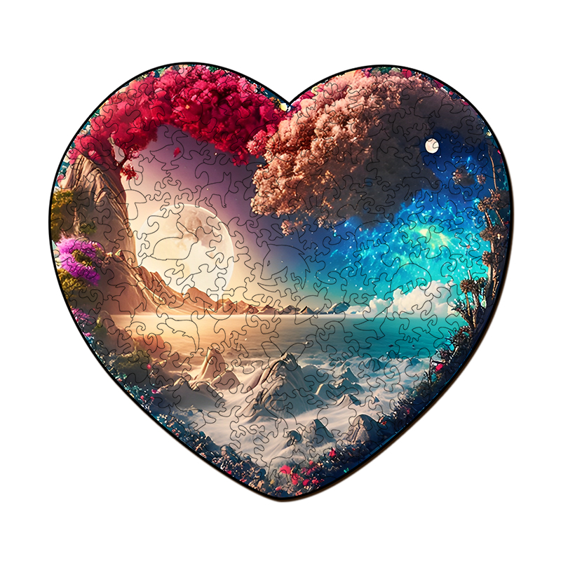 Flowered Heart moon and stars Wooden Jigsaw Puzzle